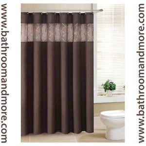 Brown Fabric Shower Curtain with Sheer Winodw Sequined Insert Metal Grommets
