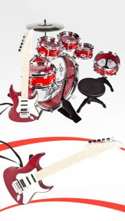 New Red Drum Set Musical Instrument Toy Payset Music Kids Red Electric Guitar