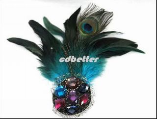 Women Bling Colorful Rhinestone Peacock Feather Brooch Pins Hair Clips Headdress