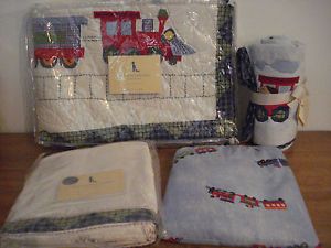 Pottery Barn Kids Train Junction Crib Bedding Quilt Bedskirt Sheet Set New