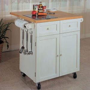 American Primitive Country Style White Wood Kitchen Island Cabinet Rolling Cart