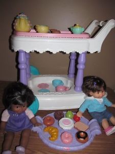 Fisher Price 2 Little Mommy Doll High Chair Tea Party Kitchen Dishes Cart Lot
