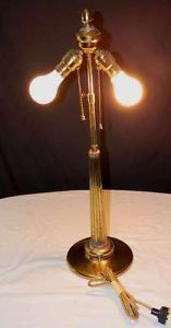 Antique Brass Plated 2 Socket Ribbed Table Lamp Base Stained Glass Reverse Shade