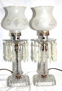 Pair Vintage Glass Hurricane Shades Desk Table Lamps Plastic Prisms Bubble Bases