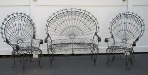 Vintage Peacock Wrought Iron Lawn Patio Garden Set Settee Rocker and Chair