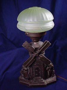 Wind Mill Lamp Metal Base Bronze Color Patina w Green Mushroom Shape Shade
