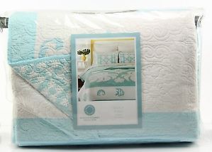 Martha Stewart Collection Coco Leaf King Quilt Turquoise Blue MSRP $300