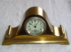 Antique Ansonia Solid Brass 8 Day Miniature Tambour Boudoir Dresser Desk Clock