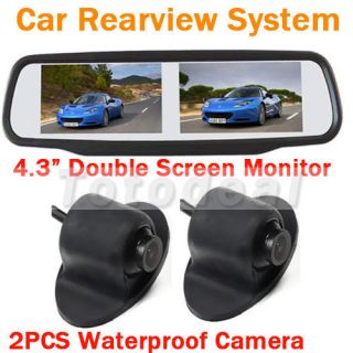 4 3" Car Rear View Mirror Monitor Double Screen 2 Reverse Backup Parking Camera