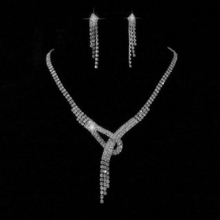 Wedding Bridal Crystal Necklace Earring Prom Party GP Silver Jewelry Set X24