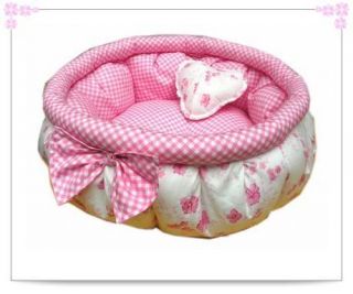 Cute Dog Cat Pet Bed Pink Flower Check Double Sides Usable 1 Heart Shape Pillow