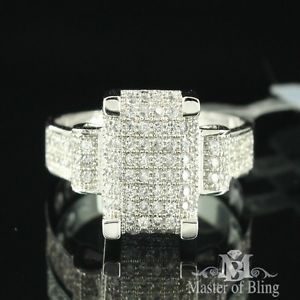 Prong Pave Set Rectangular Center Look Simulated Diamond Solid Silver Mens Ring