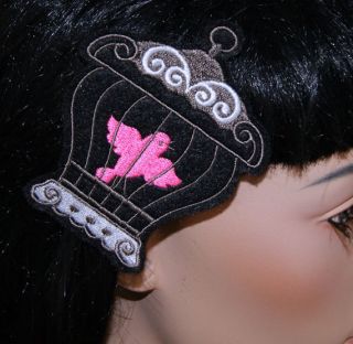 Pink Canary Bird Silver Cage Embroidery Snap Clip Hair Piece Filigree Birdcage