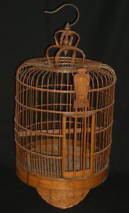Vintage Asian Carved Bamboo Wood Bird Cage H0