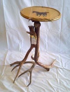 Rustic Antler Furniture Round Accent Table Hand Painted Horse Top Elk Deer