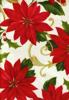 Red Poinsettia White Gold Christmas Textured Polyester Fabric Tablecloth Xmas
