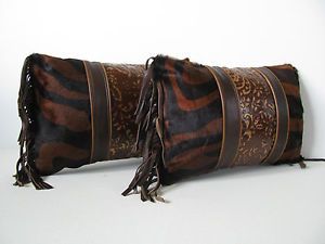 2 Leather Cowhide Embossed Tooled Leather Pillows
