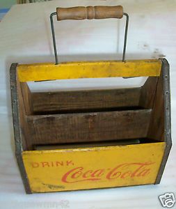 Vintage Yellow 1940s Gas Station Coca Cola Coke Bottle Wood Carrier Caddy Crate