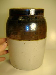 Antique Stoneware Two Tone Churn Jar Canister Crock