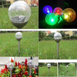 Solar Power Crackle Glass Ball Color Changing RGB Garden Yard Decor Stake Light