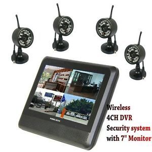 Wireless 4CH Quad DVR Home Security System 4 Cameras with 7" TFT LCD Monitor