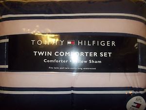 New Tommy Hilfiger Bedding Comforter Sham Twin Extra Long Dorset Pink Blue Strip
