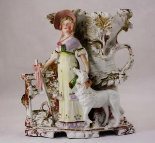 Antique German Porcelain Girl Wolfhound Spill Vase