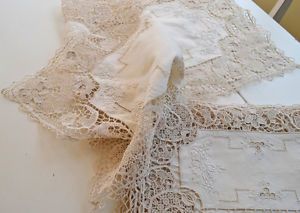 Exquisite Vintage Antique Table Linen Set with Brussels Lace Embroidery – Q16