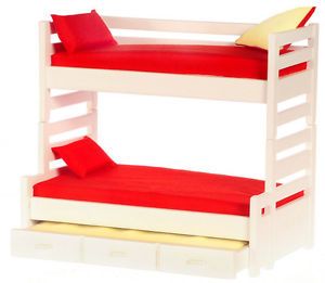 Doll House Mini White Trundle Bunk Bed with Bedding Bedroom Furniture