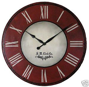 Large Wall Clock 24" Antique Red Cream Tuscan Round Big