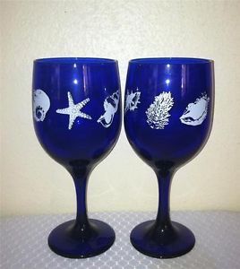 Libbey Glass 4 Premier Cobalt 14oz Nautical Seashell Wine Glasses