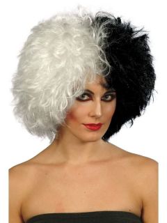 Ladies Black White Wig Halloween Evil Madame Dalmations