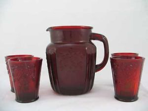 Ruby Red Glass 5pc Water Lemonade Set Pitcher