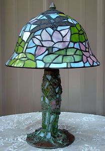 Vintage Tiffany Style Stained Glass Pink Water Lily Lotus Lamp Mosaic Base
