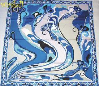 Emilio Pucci Blue Orchidee Silk Twill 34" Square Large Scarf New Authentic