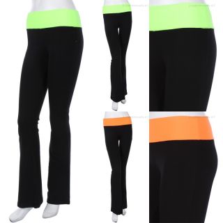 Contrast Neon Colored Foldable Waistband Cotton Solid Yoga Pants Full Length
