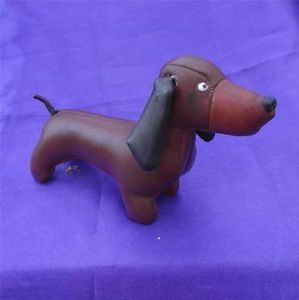 Vintage Leather Dachshund Dog Toy 1940s Sawdust Filled Glass Bead Eyes Needs TLC