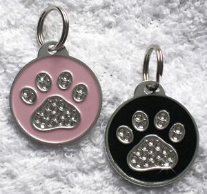 ♥custom Engraved Pet Dog Cat ID Tag Pink or Black Paw Bling ♥