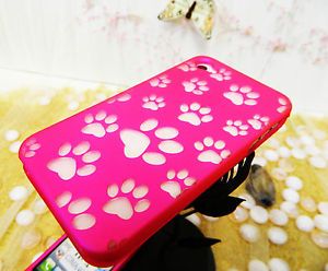 iPhone 4 4S 4G Hard SnapOn Case Cover Hot Pink Dog Paws Laser Clear Rubber Feel
