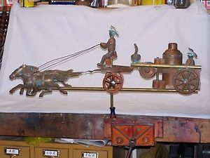 Amazing Copper and Brass Weathervane Fire Engine with Horses and Fireman