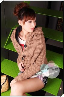 New Japan Womens Cute Yellow Cable Knit Inside Cashmere Knit Hooded Sweater Coat