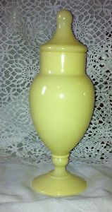 Vintage Yellow Glass Pedestal Vanity Candy Jar Container Mid Century Art Deco