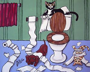 Cats Dog Paper Games Fun Whimsical Bathroom Art Original Painting Julie Ellison