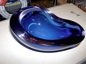 Murano Cobalt Blue Alexandrite Art Glass Geode Bowl Dish Ashtray Kidney Shape