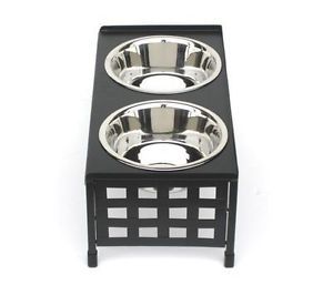 Checker Double Diner Raised Steel Tube Dog Pet Food Water Dish 2 Stainless Bowls