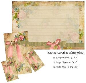 Recipe Cards Lined Gift Tags Set Vintage Antique Roses Cards Tags New