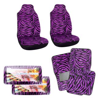 8PC Set Purple Zebra Car Seat Covers Floor Mats License Frame