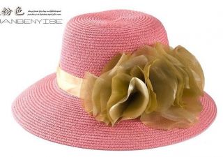 Fashion Women Girl Straw Derby Cap Flowers Coffee Wide Brim Summer Beach Sun Hat
