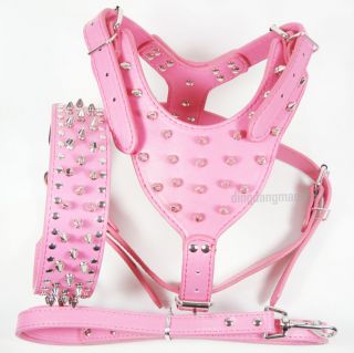 Hot Pink Leather Dog Harness Collar Leash Set Studs Pitbull Chest Size 26 34"