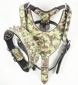 New Camouflage PU Leather Spiked Studded Dog Collar Harness Set Pitbull Terrier